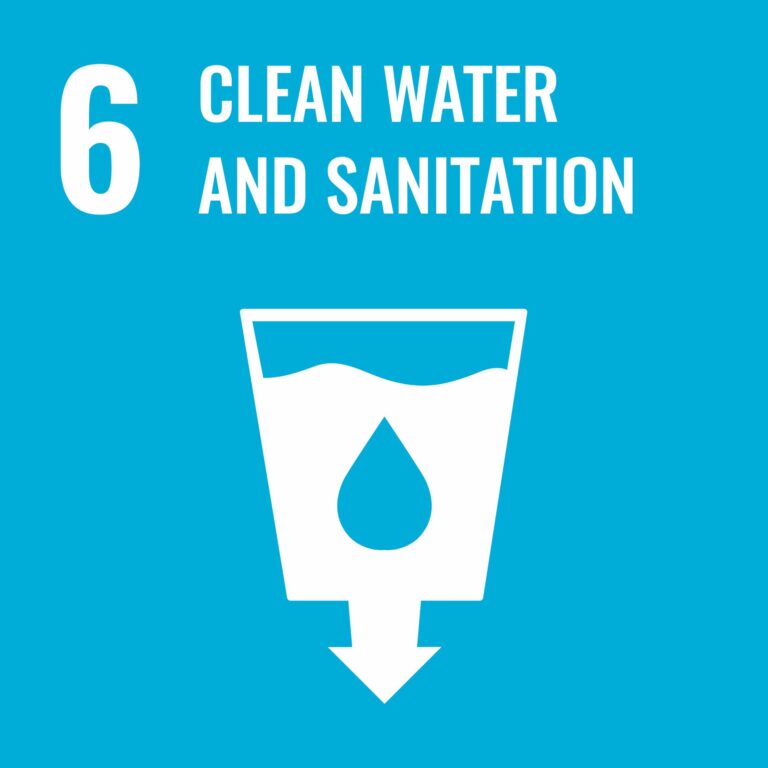 Blue icon for United Nations Sustainable Development Goal 6: Clean Water and Sanitation. Features a white water drop inside a glass, with white text and numeral 6, promoting the core objectives of the Sustainable Development Goals.