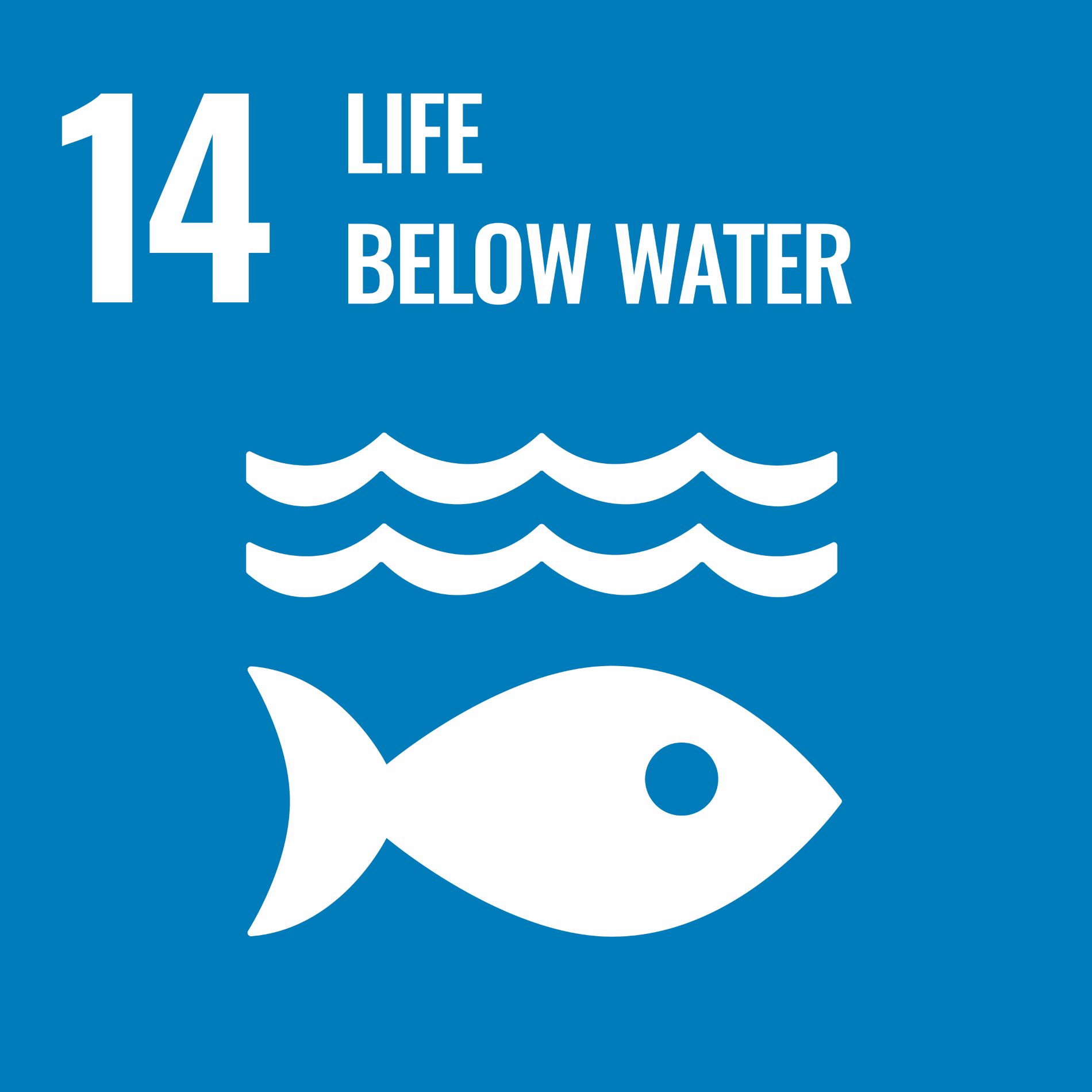 Life Below Water - Sustainable Development Goals (SDGs) Icon of Sustainable Development Goal 14: Life Below Water. It features a white fish and wave symbols on a blue background, representing one of the key Sustainable Development Goals.
