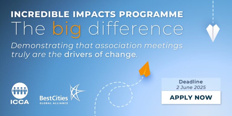 Promotional banner for the Incredible Impacts Programme detailing a deadline of June 2, 2025, and featured logos for ICCA and BestCities Global Alliance.