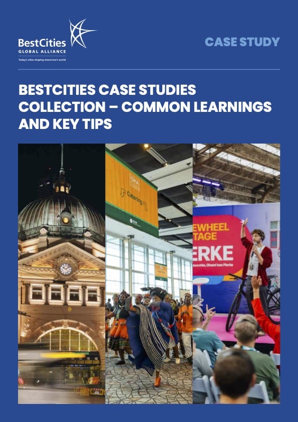 Cover of a BestCities case study titled "Common Learnings and Key Tips," featuring images of a building, a group photo, and a person speaking on the impact of business events.